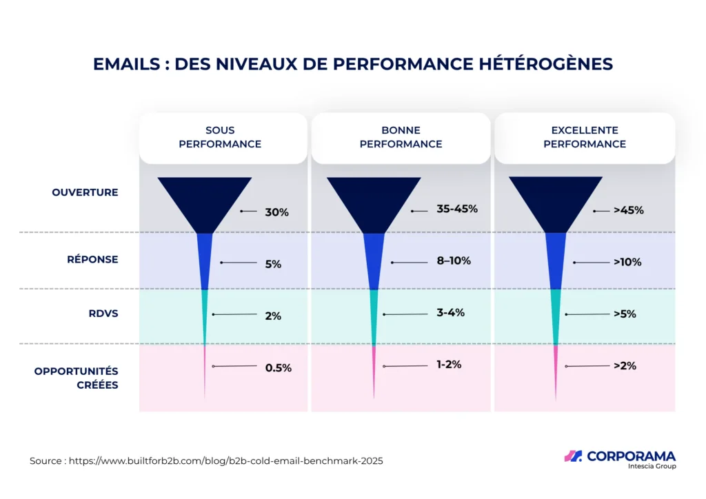 « Infographie montrant les taux de performance d’emails B2B : sous-performance, bonne performance et excellente performance. »