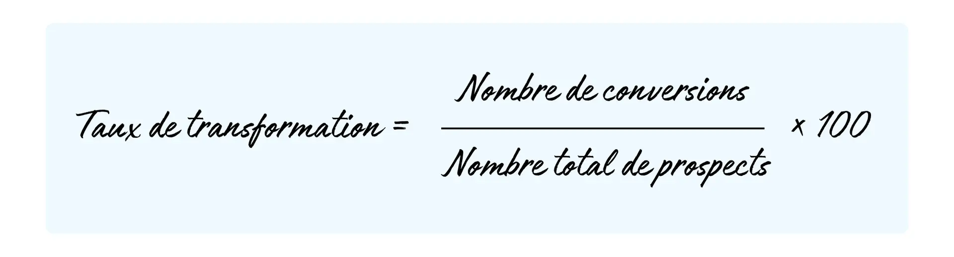 Illustration représentant le calcul du taux de conversion, avec une formule et des chiffres pour la prospection B2B.